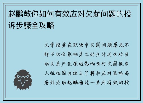 赵鹏教你如何有效应对欠薪问题的投诉步骤全攻略