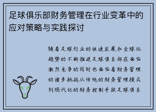 足球俱乐部财务管理在行业变革中的应对策略与实践探讨